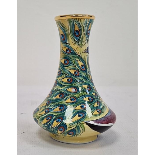 156 - Moorcroft miniature enamel vase, angular baluster-shape, cream ground with peacock decoration, initi... 