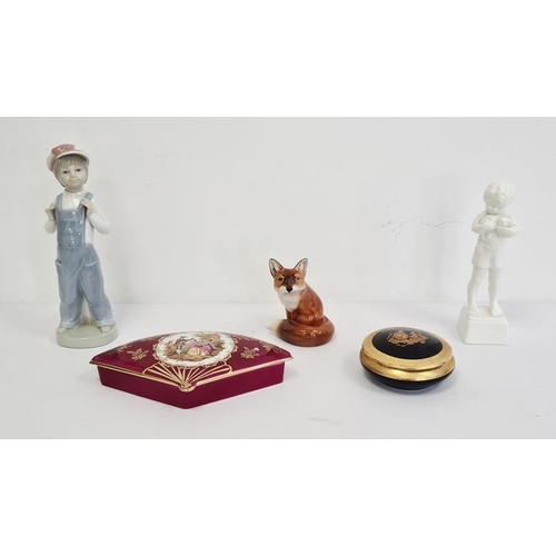 16 - Royal Doulton model of a fox, a Lladro figure of a boy wearing a cap and dressed in blue dungarees, ... 