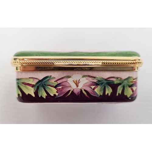 160 - Moorcroft enamel patch box, rectangular, green ground and floral decorated, initialled 'FW' to base,... 