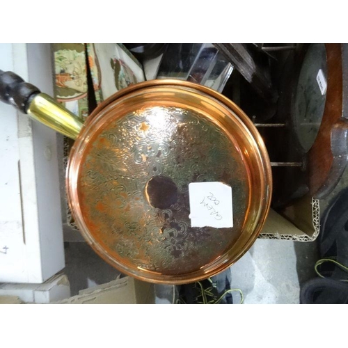 209 - Miniature copper and brass warming pan together with a miner's coal lamp, a tin advertising boiled s... 