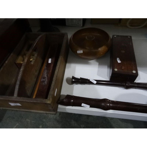 212 - Chess pieces, a wood cutlery tray, recorders, boxes, etc