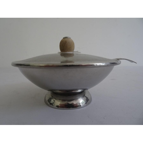 215A - Keswick School of Industrial Arts and Crafts hammered stainless steel sugar bowl, spoon and cover st... 