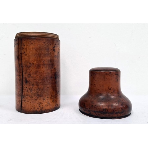 220 - 19th century treen bottle holder, the turned lid with screw thread, cylindrical body