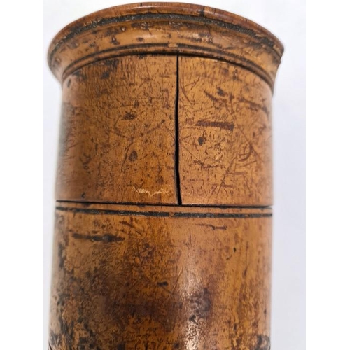 221 - 19th century treen five-section spice tower of cylindrical form, each section marked 'Caraways', 'Ma... 