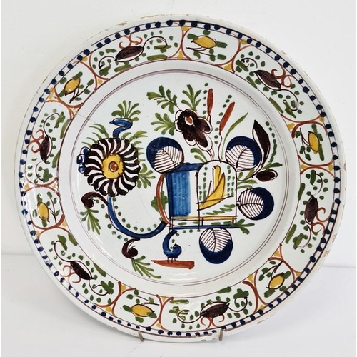 30A - Old continental maiolica charger with stylised floral and birdcage design in aubergine, yellow ochre... 