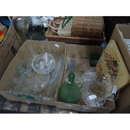 322 - Two boxes of sundry glassware and a foot massager and a large aqua glass jar (3)