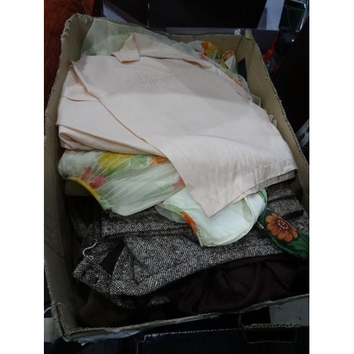 331 - Assorted vintage costume, box of brand new Pashminas in original sealed packing, assorted table line... 