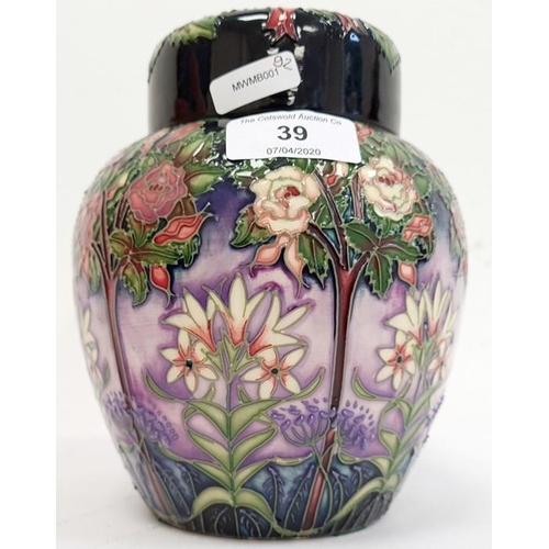 39 - Moorcroft ginger jar decorated on a purple ground with white flowers and trees, marked to base '208/... 