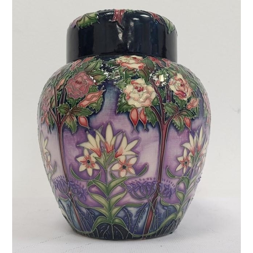 39 - Moorcroft ginger jar decorated on a purple ground with white flowers and trees, marked to base '208/... 