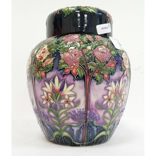 39 - Moorcroft ginger jar decorated on a purple ground with white flowers and trees, marked to base '208/... 