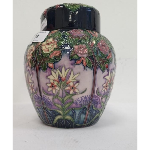 39 - Moorcroft ginger jar decorated on a purple ground with white flowers and trees, marked to base '208/... 