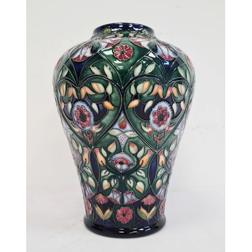 51 - Moorcroft inverted baluster-shaped vase, ‘Anatolia’ pattern, green ground with pink and white flower... 