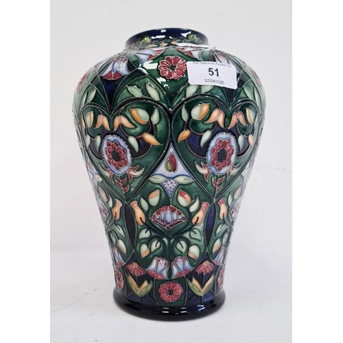 51 - Moorcroft inverted baluster-shaped vase, ‘Anatolia’ pattern, green ground with pink and white flower... 