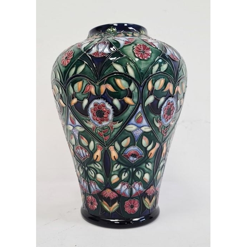 51 - Moorcroft inverted baluster-shaped vase, ‘Anatolia’ pattern, green ground with pink and white flower... 