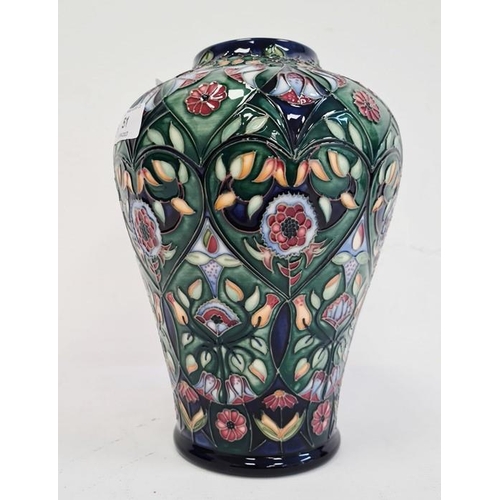 51 - Moorcroft inverted baluster-shaped vase, ‘Anatolia’ pattern, green ground with pink and white flower... 