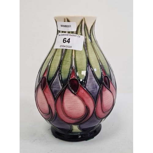 64 - Moorcroft vase with pink and blue flowers with green leaves, cream ground, baluster form, dated 2002... 