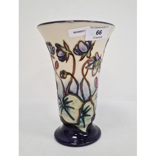 66 - Moorcroft vase of tapering form, cream ground with blue base, violet decoration, initialled ‘JW’ and... 