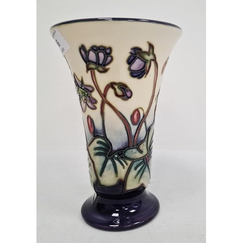 66 - Moorcroft vase of tapering form, cream ground with blue base, violet decoration, initialled ‘JW’ and... 