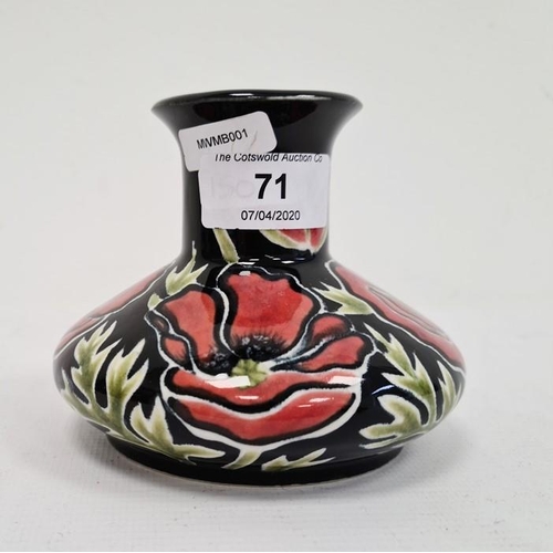 71 - Cobridge baluster vase, black ground with pink flowers, marked with initials ‘RW’, 9cm high approx