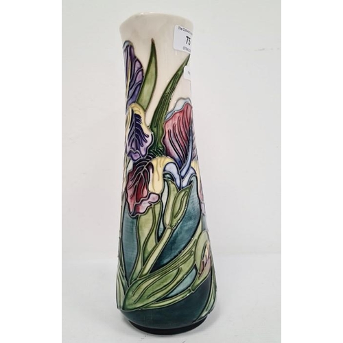 75 - Moorcroft pottery ewer, tall and tapered with angular handle, bearded iris decoration, numbered MCC ... 