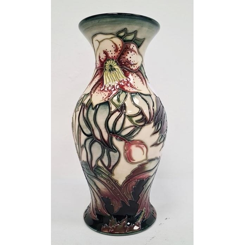 76 - Moorcroft pottery inverse-baluster vase, cream ground with slip trail floral decoration, 19cm high