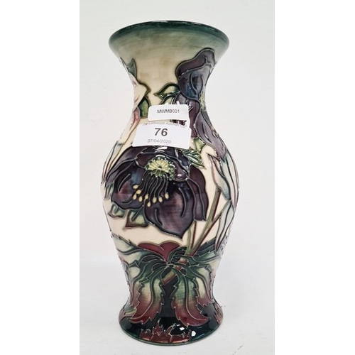 76 - Moorcroft pottery inverse-baluster vase, cream ground with slip trail floral decoration, 19cm high