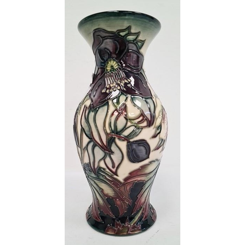 76 - Moorcroft pottery inverse-baluster vase, cream ground with slip trail floral decoration, 19cm high