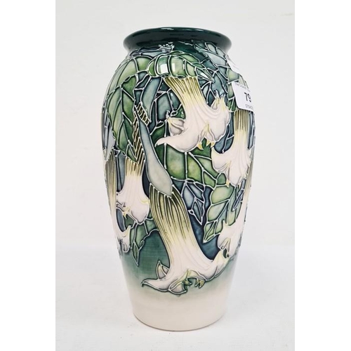 79 - Moorcroft pottery vase, tall ovoid and decorated with white fuchsia on a blue and cream ground, vari... 