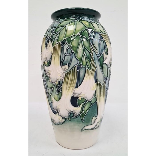 79 - Moorcroft pottery vase, tall ovoid and decorated with white fuchsia on a blue and cream ground, vari... 