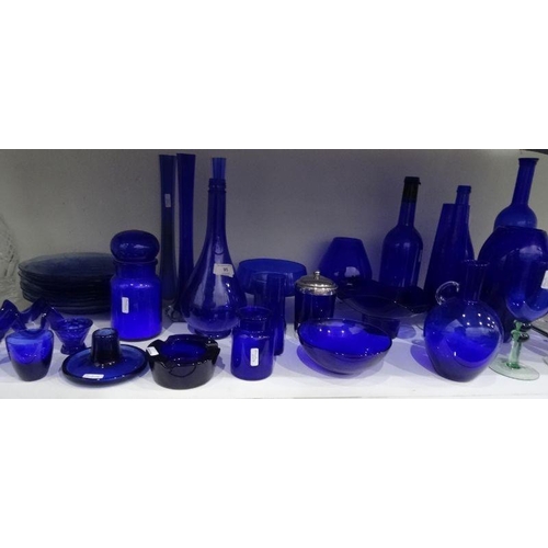 95 - Large quantity of Bristol Blue style glass vases, bottles, bowls, jug, etc and a set of eight glass ... 