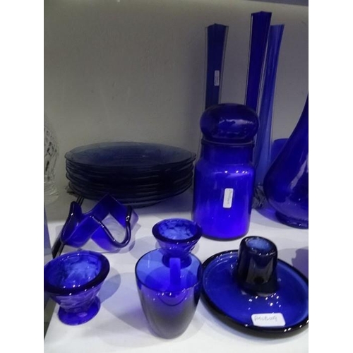 95 - Large quantity of Bristol Blue style glass vases, bottles, bowls, jug, etc and a set of eight glass ... 