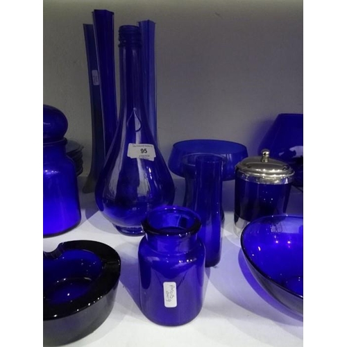 95 - Large quantity of Bristol Blue style glass vases, bottles, bowls, jug, etc and a set of eight glass ... 