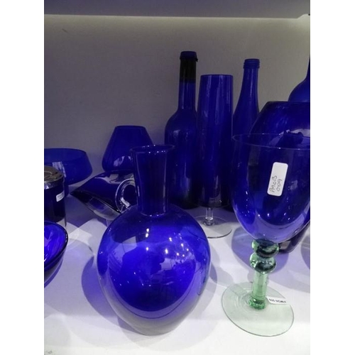 95 - Large quantity of Bristol Blue style glass vases, bottles, bowls, jug, etc and a set of eight glass ... 