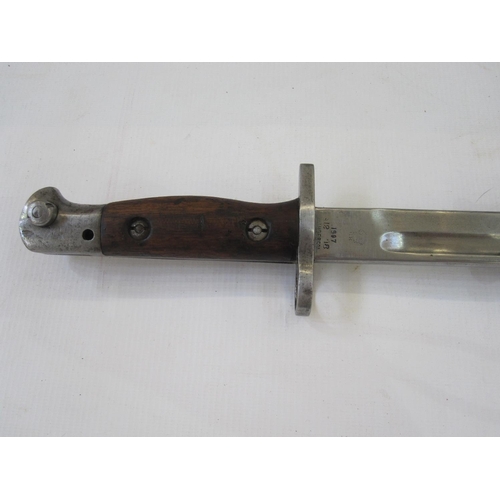 196 - WW1 Sanderson Bayonet with leather scabbard and two single leather scabbards (one damaged) (3)