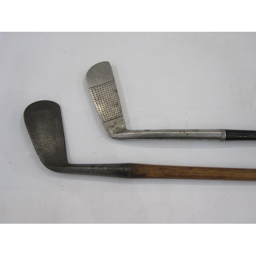 251 - Hunting crop with horn handle, metal collar and plaited whip, a Jock Hutchinson putting golf club wi... 