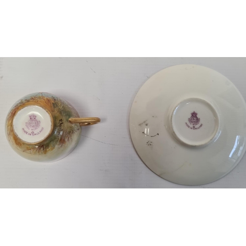 108 - Royal Worcester demi tasse and saucer, printed puce marks, printed date code for 1929, painted by R.... 