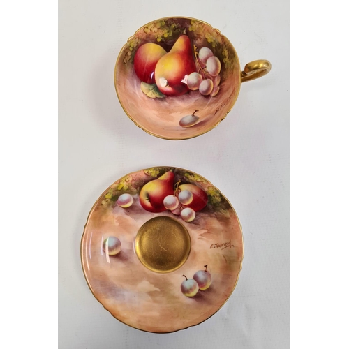 117 - Royal Worcester fruit painted teacup and saucer by E. Townsend, printed puce and blue marks, 20th ce... 