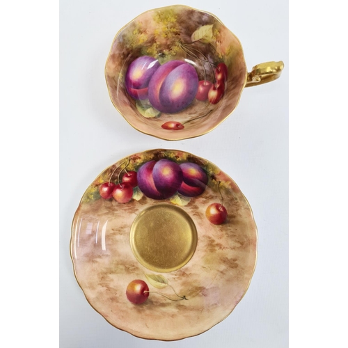 118 - Royal Worcester fruit painted teacup and saucer by H. Ayrton, printed puce marks, date code for 1941... 