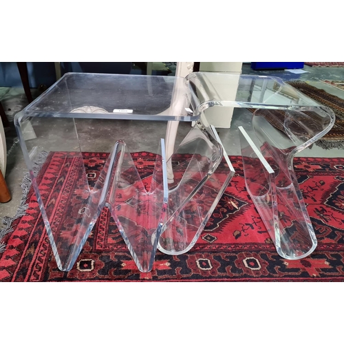 1409 - A contemporary clear perspex coffee table, square top, with zigzag base, 41cm high and another shape... 