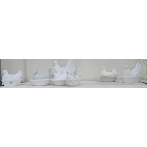 153 - Collection of various white moulded glass chickens on nests, various makes and sizes (17)