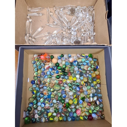 202 - Large collection of marbles, an oval mirror and a cut glass lustre and chandelier drops (2 boxes)