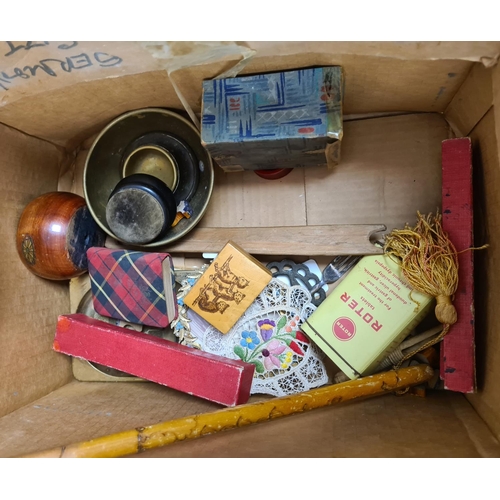 203 - Set of dominoes, bakelite napkin rings, bakelite boxes, a brass candle holder, a tin spice box label... 