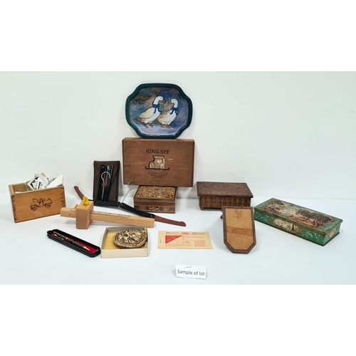 232 - Collection of carved inlaid wooden boxes, stamps, various puzzles, journals, etc (1 box)