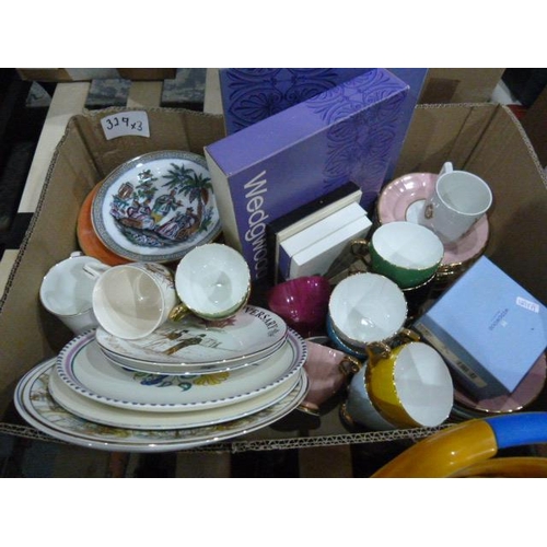 329 - Vintage soda syphon, assorted moulded glass, blue and white daisy ceramics, Wedgwood, etc (3 boxes)