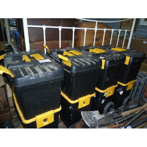 360 - Large black and yellow  toolbox on wheels and four other double-decker tool boxes all with various c... 