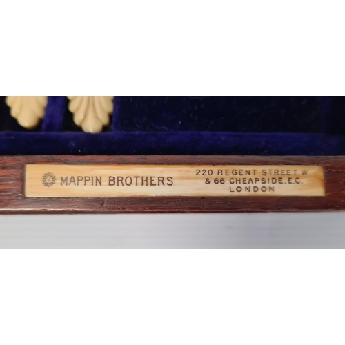 411 - Mappin Brothers solid silver blades and bone-handled fruit knives and forks for 12, in mahogany box ... 