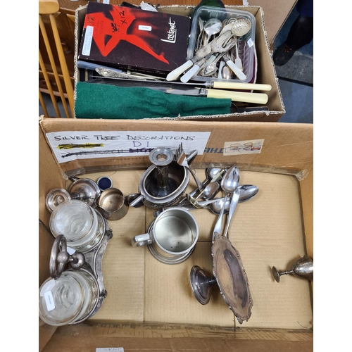 421 - Quantity of plated ware including knives, jugs, tankards, etc (2 boxes)