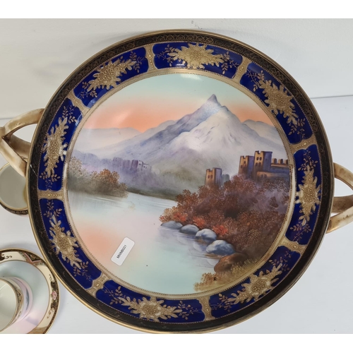 43 - Noritake porcelain two-handled footed bowl, painted to interior with mountainous lakeside decoration... 