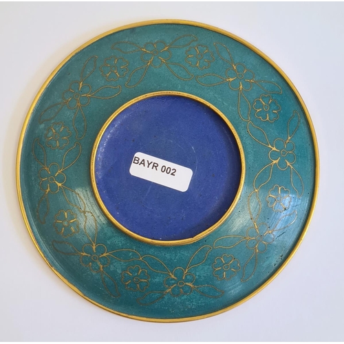 118 - Chinese cloisonne saucer, decorated with a dragon chasing a flaming pearl, reserved on a blue ground... 