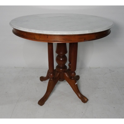 1358 - White marble topped centre table, the white marble with moulded edge on a central pillared turned wo... 